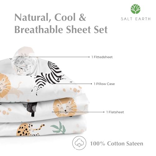 100% Cotton 210TC Salt Earth Kids Bedsheet,Twin Sheets Set for Toddler bed, 3 Piece Bedding Set Including Flat Sheet, Fitted Sheet, and Pillowcase, Themed Sheets for a Playful Kids Bed (Jungle Safari) Salt Earth