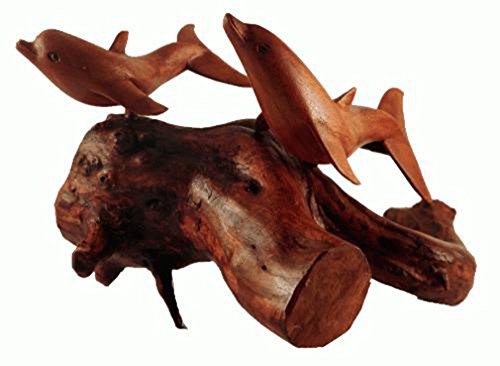 Two Hand Carved Wood Dolphins on a Driftwood Base WoodArtSupply
