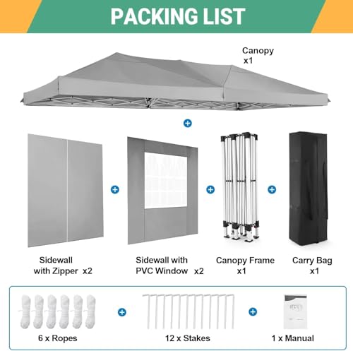 COBIZI 10x20 Pop Up Canopy Tent with 6 Sidewalls Party Tents for Parties Weddings Backyard Waterproof Commercial Instant Outdoor Events Tent with Stakes, Ropes（10 x 20 ft Gray COBIZI
