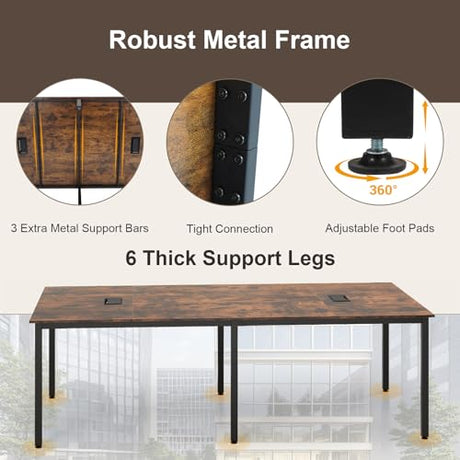 Nightcore Rectangle Conference Table for 10, 8 ft Large Seminar Table with 2 Cable Grommets, Modern Industrial Office Computer Desk with Metal Legs for Boardroom, Meeting Room, Brown Goplus