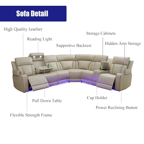 Nervlox Power Reclining Sectional Sofa, L-Shaped Living Room Furniture Set, Light Brown Leather Recliner Sofa, Reclining Sectional Couch with LED/Storage Console/Cup Holder/USB/Type C for Office/Home