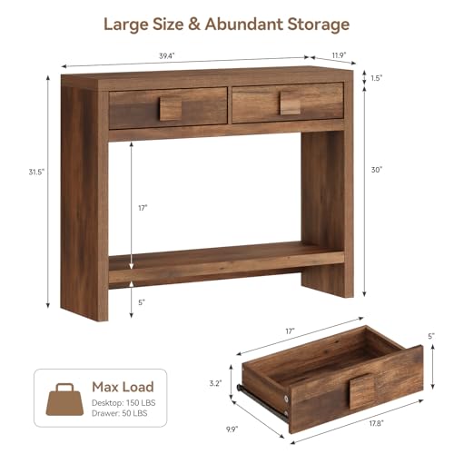 ONBRILL Console Table with Drawers, 40 Inch Narrow Entryway Table with Open Storage Shelves, Mid Century Modern Hallway Accent Tables Behind Couch Table for Living Room (Vintage Brown) ONBRILL