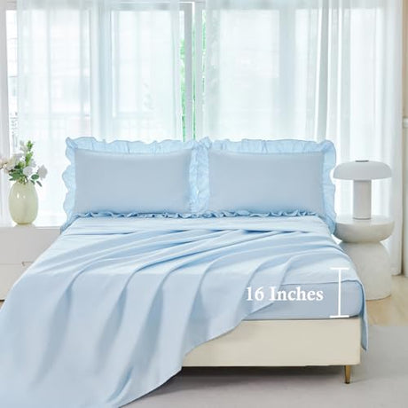 ANGIYUIN 5 Pieces Light Blue Full Bed in A Bag for Kids Girls Ruffle Bedding Sets Boho Comforter Set Vintage Farmhouse Bedding Comforter Sets with Sheets(Light Blue Full) ANGIYUIN