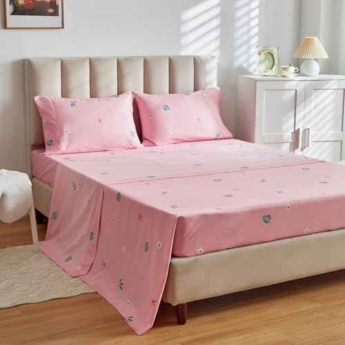 Shxime Floral Comforter Set 7 Pieces White with Green Leaves Pink Flowers Bed in a Bag King Size Reversible Bedding Set (1 Comforter 2 Pillow Shams 1 Flat Sheet 1 Fitted Sheet 2 Pillowcases) Shxime