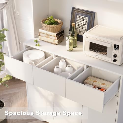 71'' Pantry Cabinet with LED Light & Charging Station, Tall Freestanding Kitchen Storage Cabinet with Microwave Stand, Modern Hutch with Drawers & Open Countertop for Dining Room, Living Room, White NUNU LAB