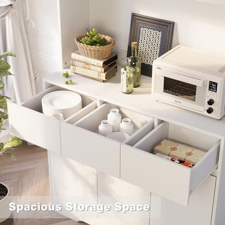 71'' Pantry Cabinet with LED Light & Charging Station, Tall Freestanding Kitchen Storage Cabinet with Microwave Stand, Modern Hutch with Drawers & Open Countertop for Dining Room, Living Room, White NUNU LAB