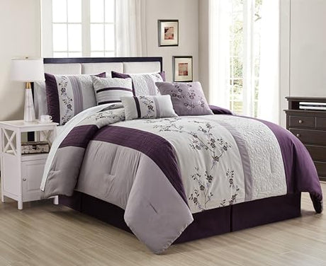 Chezmoi Collection Linnea 7-Piece Luxury Purple Lavender Gray Cherry Blossom Floral Embroidery Comforter Set, Queen Chezmoi Collection