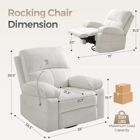 YuuYee Teddy Fleece 360° Swivel Rocker Recliner Nursery Rocking Chairs with Phone Holder Manual Gilder Recliner Chair with Wide Foot Rest for Living Room and Baby Room YuuYee