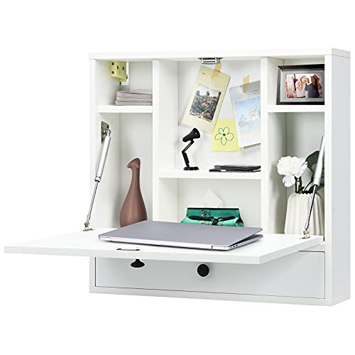 COSTWAY Wall-mounted Computer Desk, Floating Desk with Storage Drawer & Shelves, Fold-up Desktop & Pneumatic Springs, Ideal for Home, Office, Dormitory, Small Spaces (White) COSTWAY