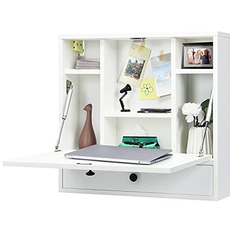 COSTWAY Wall-mounted Computer Desk, Floating Desk with Storage Drawer & Shelves, Fold-up Desktop & Pneumatic Springs, Ideal for Home, Office, Dormitory, Small Spaces (White) COSTWAY