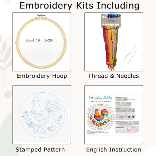 Nuberlic Rooster Embroidery Kit for Adults Beginners, Stamped Farmhouse Embroidery Starter Kit with 7.9 Inch Hoop, Threads, Needles & Instructions, DIY Needlework Craft Gift