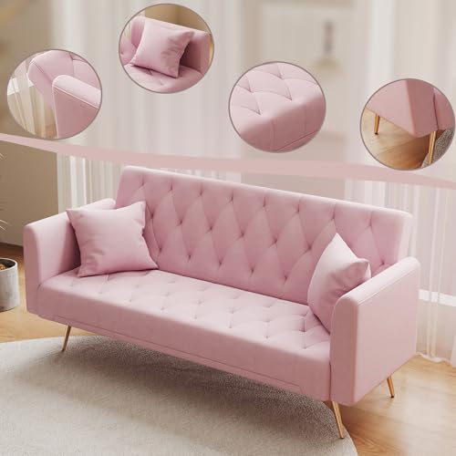 Modern Velvet Sofa Bed Futon with 2 Pillows,2-in 1 Convertible Sleeper Couch Bed,Folding Recliner Loveseat with Golden Metal Legs for Living Room Apartment Office (Light Pink) Anwick