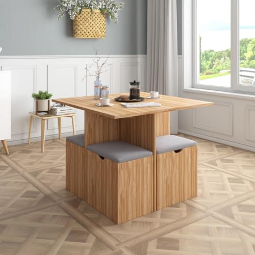 Mondeer 5-Piece Dining Table Set, Small Kitchen Table Set with 4 Stools Compact Space-Saving for Dining Room Kitchen Modern (Red Oak and Grey) Mondeer