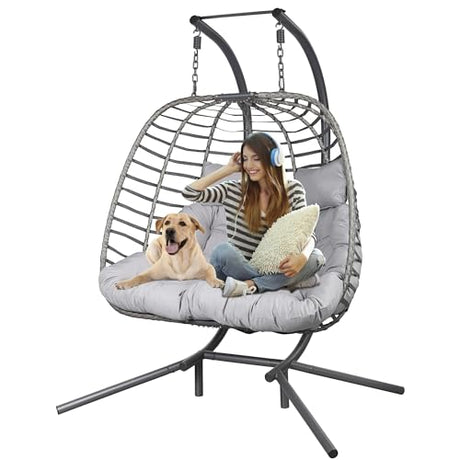 Double Hanging Egg Chair wth Stand, Patio Hammock Swing Chair with Cushion Loveseat for Bedroom, Balcony, Garden, Indoor, Outdoor HWB