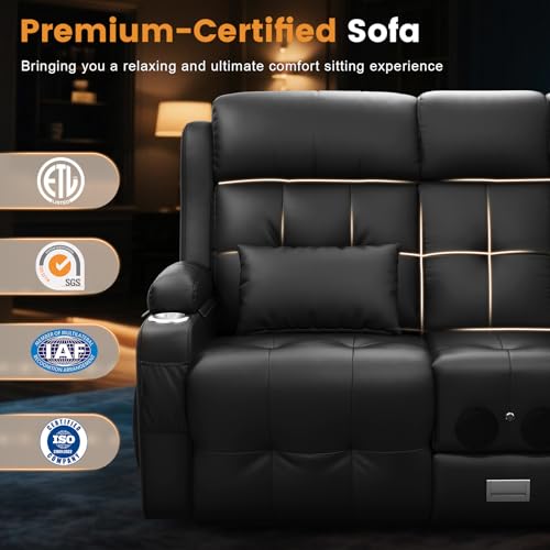 Home Theater Seating, Power Loveseat Recliner Sofa with Massage & Heating, Wall Hugger RV Couch with LED Lights & Built-in Speakers, Flip Backrest, Drawer, USB & Type-C Charging, Cup Holders, Pillows