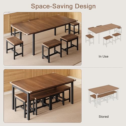 Einhomn 7-Piece Dining Table Set, 63" Extendable Kitchen Room Table with 6 Stools, Mid Century Modern Dinner Table with Metal Frame & MDF Board, Space-Saving, Easy Assembly, Walnut Einhomn