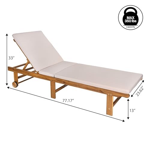 JONATHAN Y LNG1102A Mallorca 77.17"x23.62" Modern Classic Foldable Adjustable Wood Chaise Outdoor Lounge Chair with Cushion & Wheels, for Pool, Deck, Poolside, Beige/Natural