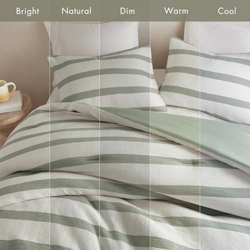 Madison Park Essentials Striped Comforter Set Queen Size, Yarn-Dyed Reversible Comforter with Minimalist Stripes, Crinkled Texture Bedding Set for All-Season Lightweight Warmth, Merritt Sage Green Madison Park