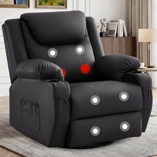 Korser Oversized Recliner Chair, 360° Swivel Recliner for Adults,Swivel Rocker Recliner Chair with Heat and Massage, Manual Recliner with Remote Control and Cup Holders for Living Room, Faux Leather Korser
