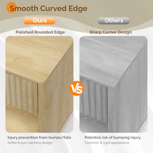 VINGLI Nightstands Set of 2 with Charging Station, LED Nightstand Fluted with Rounded Edge, 19"W Mid Century Modern Nightstand for Bedroom, Fluted Bed Side Table, Oak Night Stand, 18.9"W*15"D*22.4"H VINGLI