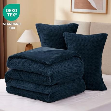 ChiXpace Flannel Fleece Queen Comforter Set - Furry Navy Blue Leaves Pattern Faux Fur Bed Set, Winter Ultra Soft Fuzzy Comfort Set, Velvet Bedding Set for Bed with 2 Pillow Cases ChiXpace