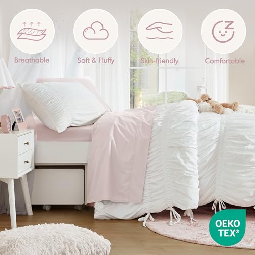 Intelligent Design Twin Comforter Set Ruched Shabby Chic Comforters for Twin Size Bed, All Season Lightweight Comforter Twin, French Country Bedding Set, Sham, Ella, Twin/Twin XL, White, 2 Piece Intelligent Design