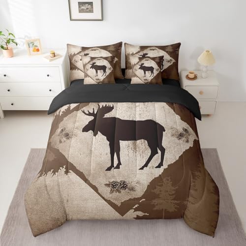 Homewish Moose Cabin King Bedding Set 7 Pieces Cartoon Wild Animal Jungle Trees Comforter Set for Kids Teens Adults Bedroom Decor (Comforter,Flat Sheet,Fitted Sheet,2 Pillowcases,2 Pillow Covers) Homewish