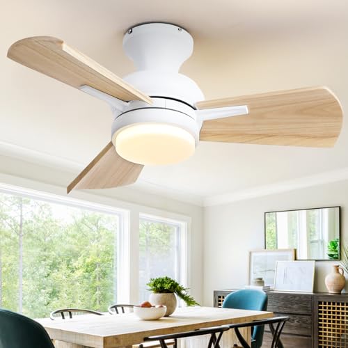 Mpayel 30" Small Ceiling Fan with Light - Wood Flush Mount Ceiling Fan with Dimming and Memory Function, Noiseless DC Motor, Farmhouse Ceiling Fans for Indoor, Bedroom, Kitchen - White - WoodArtSupply