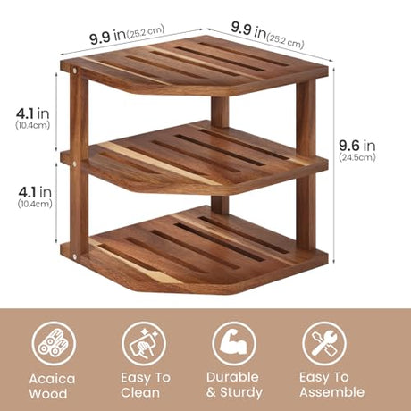 VERTORGAN 3 Tier Acacia Wood Corner Shelf,Dish Drying Rack,Plate Organizer,Kitchen Spice Rack for Countertop and Cabinet,Pantry Organization and Storage VERTORGAN