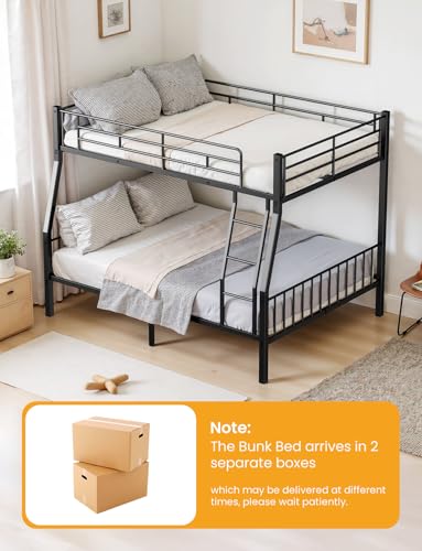 Miscoos Full XL Over Queen Bunk Beds for Adults, Heavy-Duty Metal Bunk Bed Frame with Non-Slip Ladder and Safety Full-Length Guardrails for Kids Teens Adults, Space-Saving, Black