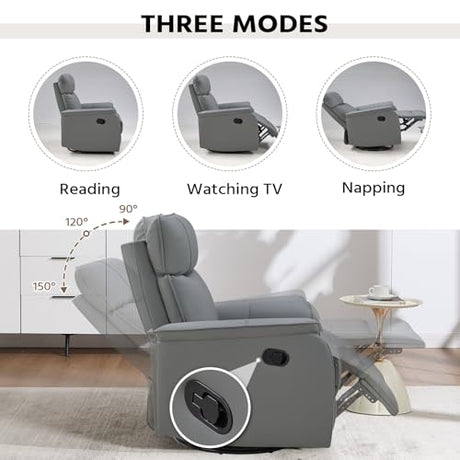 HAOMARKETS Swivel Rocker Recliner Chair, Manual Faux Leather Glider Rocking Recliners for Adults, 360° Swivel Nursery Reclining Sofa with Padded Backrest for Living Room, Grey HAOMARKETS