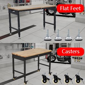 GarveeTech Workbench 60" x 22" Adjustable Height Worktable for Garage, Rubber Wood Top Workbench, Heavy Duty Workstation with Power Outlets & Wheels, 2000 Lbs Load Capacity, Hardwood Work Table GarveeTech