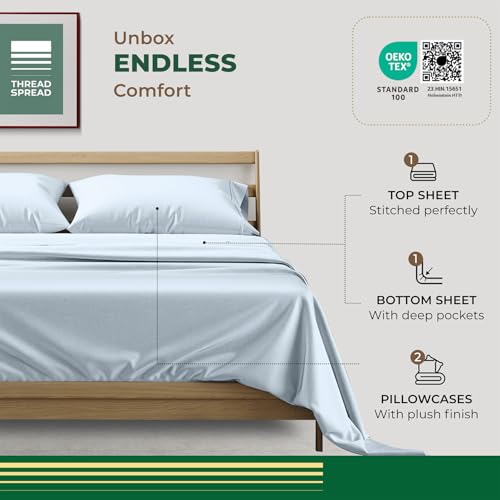 THREAD SPREAD 100% Organic Cotton Sheets King Size - 4 PC Organic Cotton King Size Percale Weave Sheet Set, Soft, Cooling & Crisp, 16" Deep Pocket Hotel Quality Bedding Set - Light Blue THREAD SPREAD