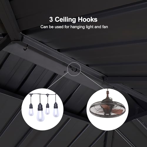 PURPLE LEAF 6.5' X 10' Hardtop Grill Gazebo for Patio Permanent Aluminum Barbeque Shelter Gazebo Canopy with Ceiling Hook and Shelves Double Tiered Grey Outdoor BBQ Gazebo PURPLE LEAF