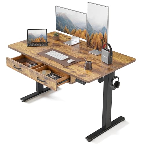 FEZIBO Standing Desk with Double Drawer, 48x 24 Inches Adjustable Height Electric Stand up desk, Ergonomic Workstation Black Frame/Fir Brown Top - WoodArtSupply