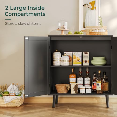 Huuger Buffet Cabinet with Storage, Storage Cabinet with Synthetic Rattan Decor Doors, Accent Cabinet with Solid Wood Feet, Sideboard Cabinet for Hallway, Entry, Living Room, Black Huuger