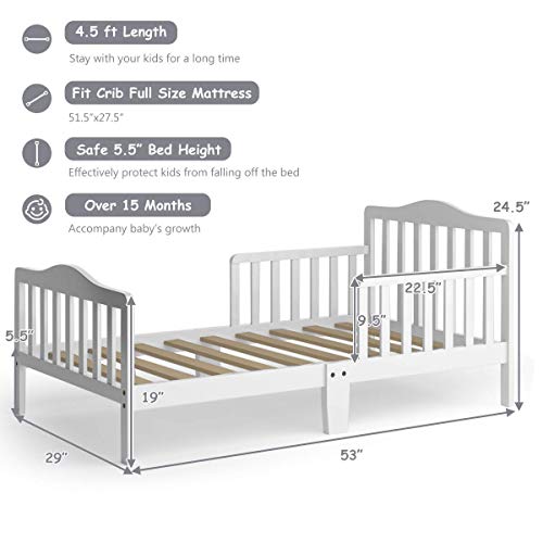 Costzon Toddler Bed, Classic Wood Kids Bed Frame w/Double Safety Guardrail, Low to Floor Design, Wooden Slat Support, Fits Full Size Crib Mattress, Bedroom Furniture for Boys & Girls (White) - WoodArtSupply