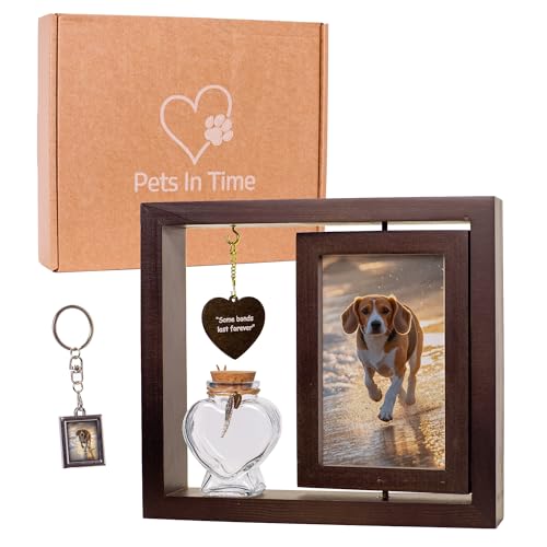 Pets in Time Dog Loss Memorial Frame – Pet Memorial with Ashes Keepsake, Rotating Double-Sided Photo Display for Dog or Cat, Pet Remembrance with Charm & Keychain