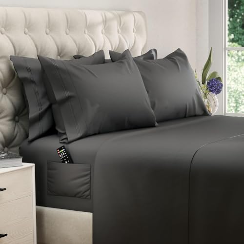 DREAMCARE Queen Sheet Set – 6 pcs Cooling Bed Sheets – up to 21” Deep Pocket Queen Sheets Set – 2500 Supreme Collection – Extra Soft 100% Brushed Microfiber Hotel Luxury with Side Pocket – Gray DREAMCARE