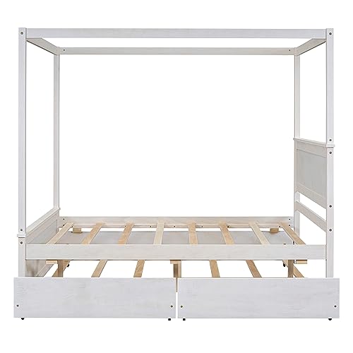 BOVZA Full Size Wooden Canopy Bed with Trundle and 2 Storage Drawers, 4-Post Platform Bed Frame with Headboard, No Box Spring Needed, Brushed White