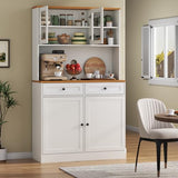 Tall Pantry Cabinet, Modern Kitchen Hutch with Microwave Stand, Kitchen Pantry Storage Cabinet with 2 Darwers & Door Shelf, Food Pantry with Glass Doors & Adjustable Shelves for Dining Room, White Gyfimoie