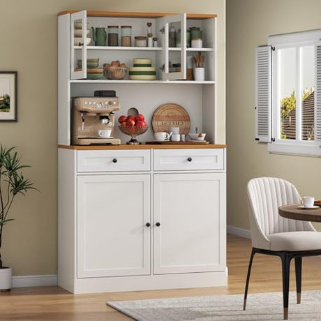 Tall Pantry Cabinet, Modern Kitchen Hutch with Microwave Stand, Kitchen Pantry Storage Cabinet with 2 Darwers & Door Shelf, Food Pantry with Glass Doors & Adjustable Shelves for Dining Room, White Gyfimoie