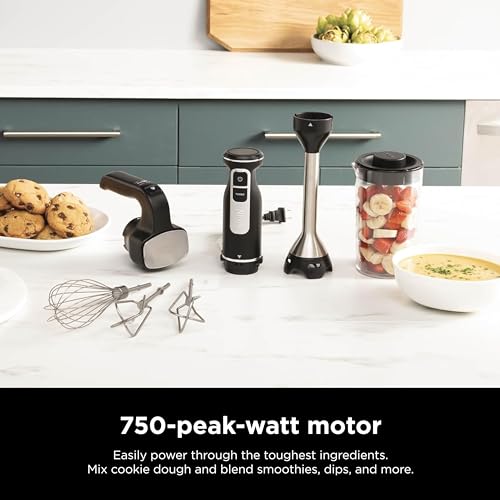 Ninja Hand Mixer, Immersion Blender, Foodi Power Mixer System, 750-Peak-Watt Handheld Emulsion Blender & Electric Hand Mixer Combo With Whisk, Beaters & 3-Cup Blending Vessel,120 volts, Black CI101 Ninja