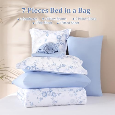Luxudecor Floral Queen Comforter Set 7 Pieces Bed in a Bag, Blue Rose Romantic Flower Bed Set, Soft Reversible Comforter with Sheet Set 90"x90" Luxudecor