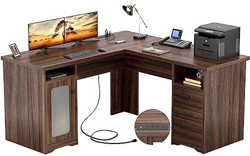 Unikito L Shaped Desk with File Cabinet, 60 Inch Large Office Desk with Power Outlets and USB Charging Ports, L Shape Computer Desk with Drawer, 2 Person Corner Executive Desk with Storage, R - WoodArtSupply