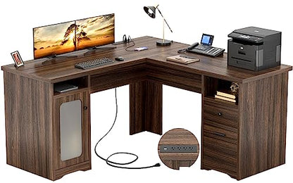 Unikito L Shaped Desk with File Cabinet, 60 Inch Large Office Desk with Power Outlets and USB Charging Ports, L Shape Computer Desk with Drawer, 2 Person Corner Executive Desk with Storage, R - WoodArtSupply