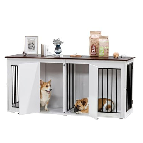 Zamildon's 71 in Dog Crate Furniture for 1 or 2 Dogs, Large Double Dog Kennel Furniture TV Stand, Furniture Style Dog Crates End Table with Removable Divider, Dog Kennel Indoor Zamildon's