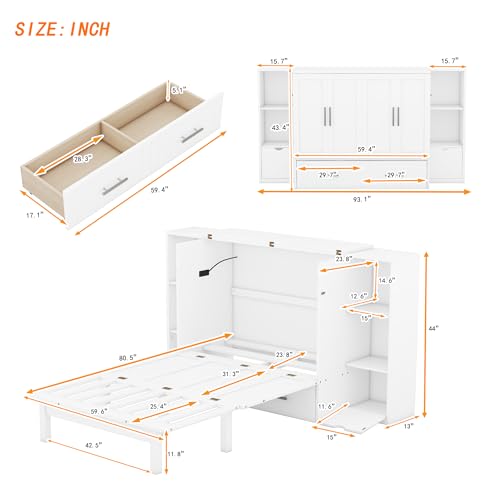 Queen Murphy Bed Wall Bed with Storage and Bookcase Headboard, Solid Wood Murphy Cabinets Bed with Shelves, Drawers and USB Ports, Multi-Function Platform Bed for Home Office, Guest Room - White Harper & Bright Designs
