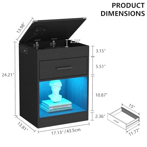 LED Nightstand with Charging Station & RFID Lock Cabinet, Modern Black Bedroom Nightstands with Drawer & Open Storage, Wooden Nightstands for Concealment, Smart Nightstand for Hidden Valuables Storage Gyfimoie