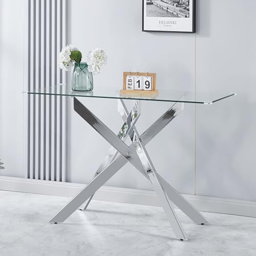 ModaWhly Glass Console Table, Narrow Entryway Table with Tempered Glass Top and Silver Metal Legs, Modern Sofa Table for Hallway, Foyer, Living Room, Office ModaWhly